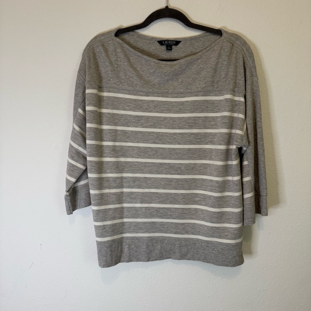 Lauren Ralph Lauren Classic Grey & White Striped 3/4 sleeve Sweater Size Large